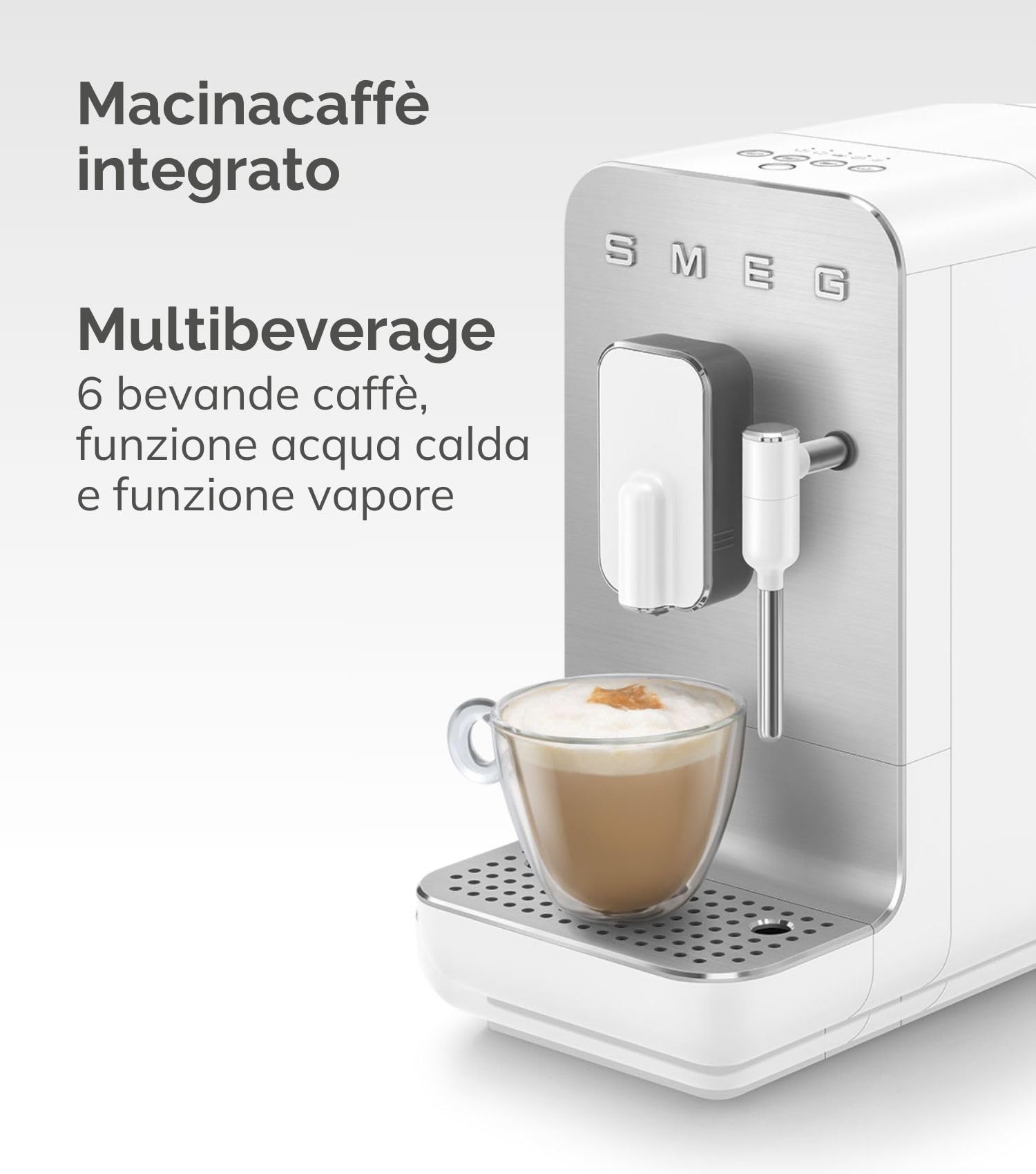Smeg, Macchina da Caffè Espresso Automatica BCC12WHMEU, Lancia Vapore, Macinacaffè Integrato, Sistema Thermoblock, Serbatoio 1,4L, Cassetto Raccogligocce Rimovibile, Dimensioni Compatte, 1350W, Bianco