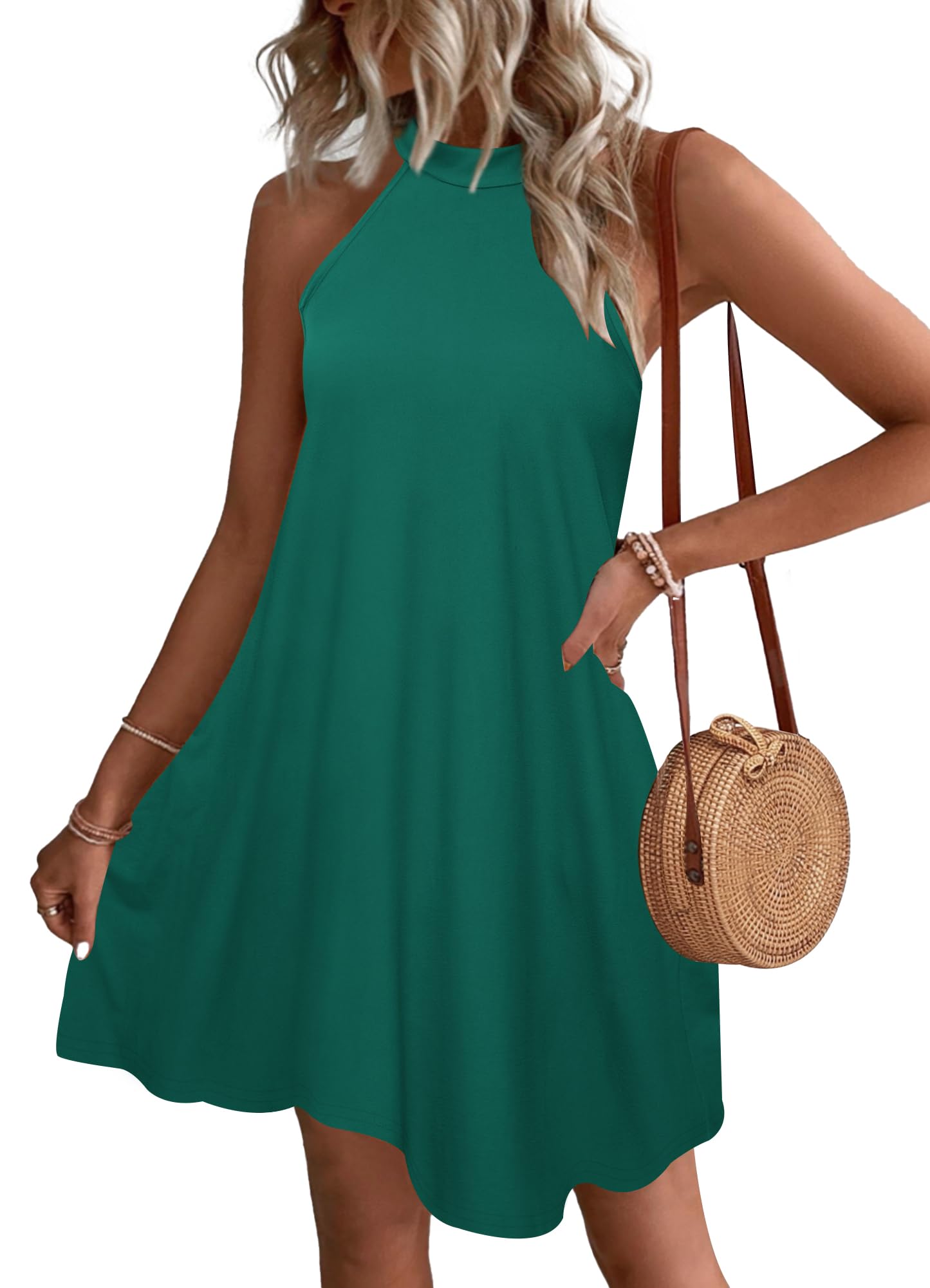 WNEEDU Abito Donna Estivo Vestito Spiaggia Senza Maniche Abito Cort Casual Collo Sospeso Copricostume