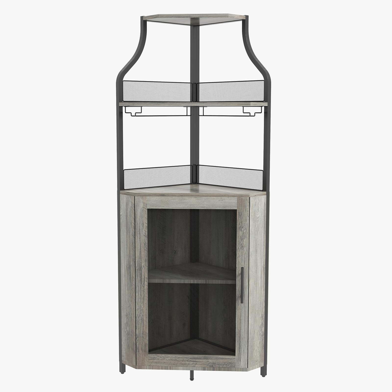Armoir à Vin Angle avec Etagère Réglable, Meuble Bar à Vin avec Porte-Verres et Portes en Maille, Buffet Cuisine Angle et Dispositif Anti-Basculement, Industriel, 45 x 45 x 152.5 CM