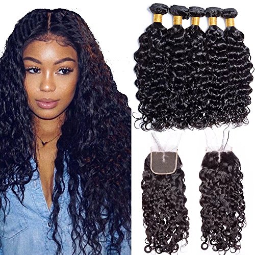 Maxine Wet And Wavy Water Wave Hair Malaysian Virgin Human Hair 4 Bundle Deals With 4x4 Middle Part Closure Natural Black 100% Unprocessed Human Hair 95-100g/pc(20 22 24 26 with 18)