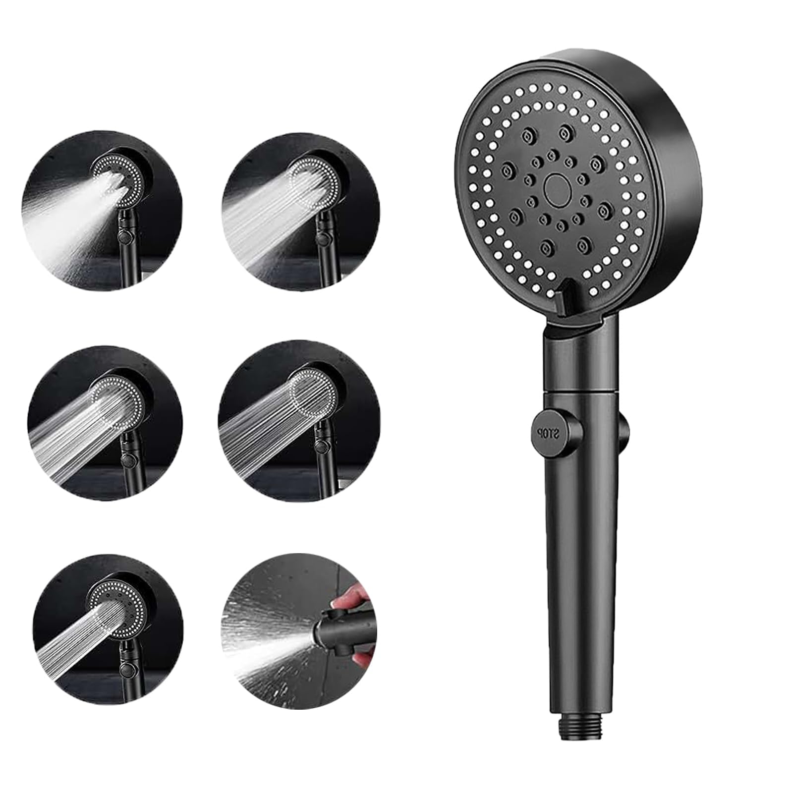 Fipfovpa Black High Pressure Shower Head, Handheld Water Saving Power Shower Head With 6 Spray Modes, Universal Hard Water Softener Showerhead For Low Water Pressure