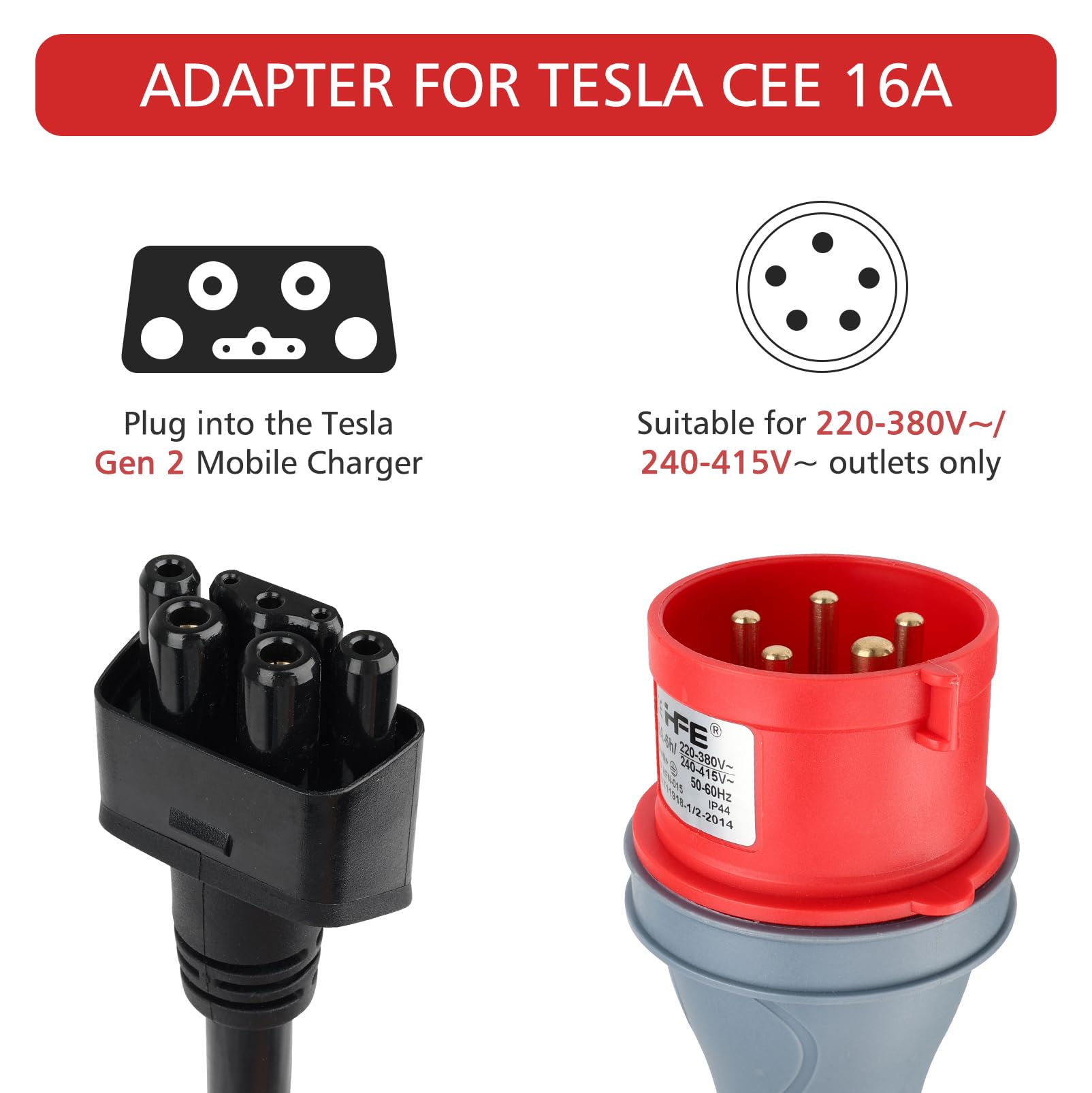 CEE Adapter auf Kompatibel mit Tesla-Adapter 5 Pin 16A, Adapterset CEE 5-Poliger für Mobile Wallbox/EV Ladegerät, C-EE Verlängerungskabel, IP44 Außeneinsatz (5 Pin 16A)