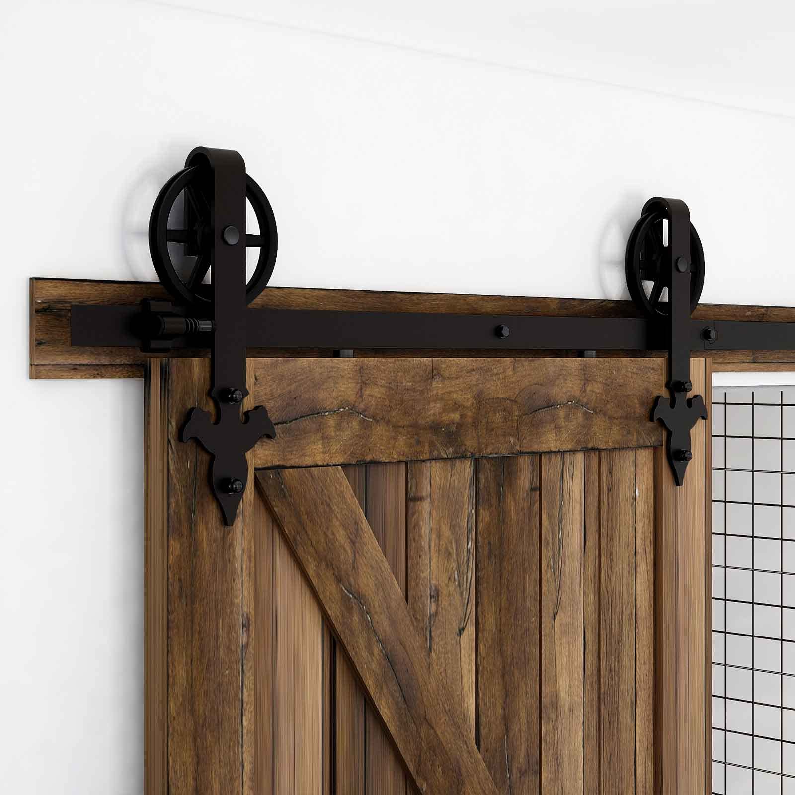 5.5FT/167cm Vintage Big Wheel Wood Sliding Barn Door Track Kit Rail Hardware Sliding Door Track System for Single Door