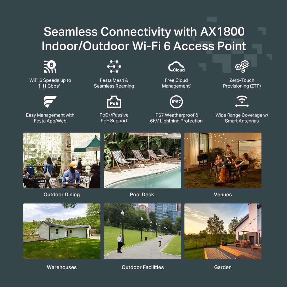 TP-Link Festa F61-Outdoor | Punto de Acceso WiFi 6 AX1800 | IP67 a Prueba de Agua, Ideal para Exteriores, 1× Puerto Gigabit, Gestión centralizada en la Nube Gratuita, Configuración y Uso fáciles.