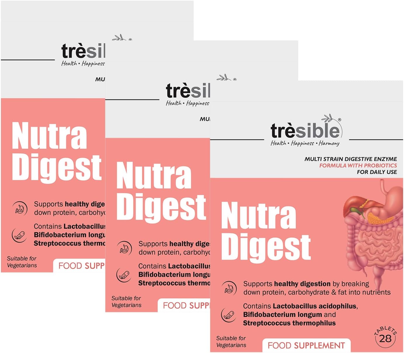 Trèsible Digestive Probiotic Supplement | Nutra Digest 84 Tablets | Amylase, Protease, Lactobacillus Acidophilus | Multistrain Enzymes | Vegetarian, Gluten Free, Halal | Pack of 3 (28 Tabs Per Pack)