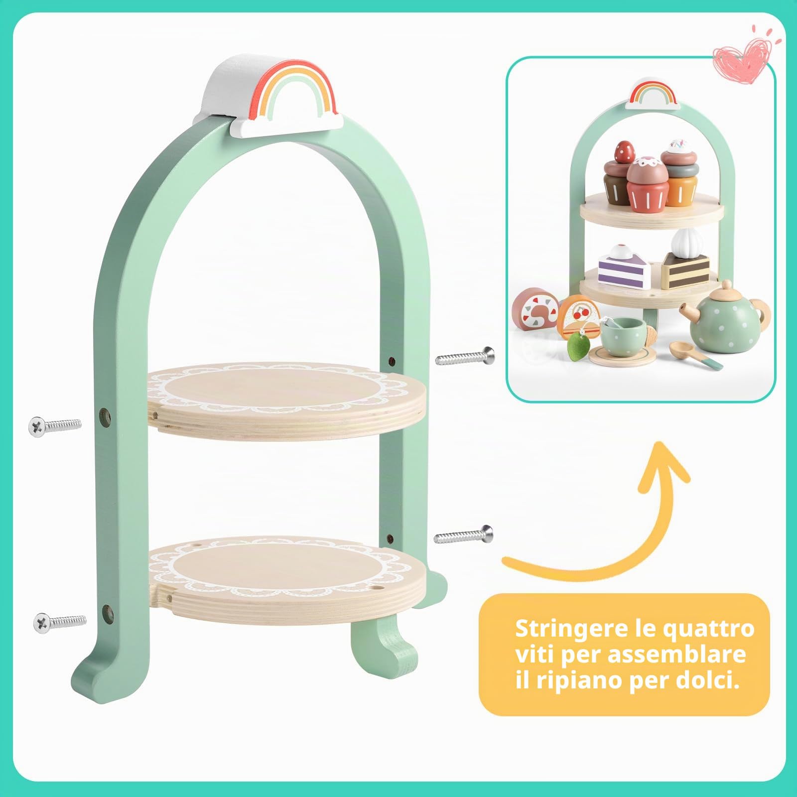 GAGAKU, Set da tè in legno per bambini e bambine, con accessori e cibo finto