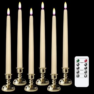 Eldnacele Flameless Window Candles with Remote Timer, Flickering Battery Operated LED Taper Candles 3D Wick, Real Wax with Gold Holders for Dinning Wedding Party Decoration 6 Pack