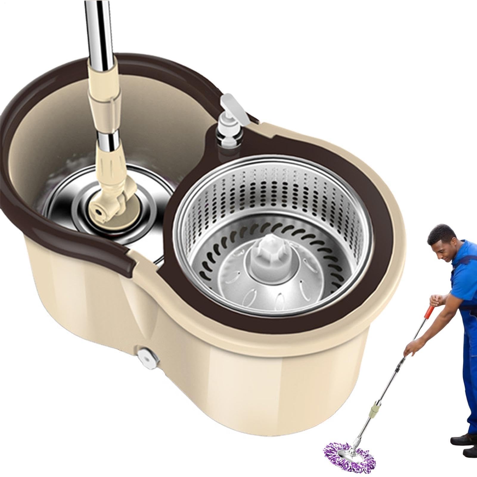 Fregona con cubo con spinner – Dispositivo de pedal para pies, de fregona | de microfibra ajustable, juego multiusos para limpieza de suelos, bañera, mango telescópico de acero inoxidable |