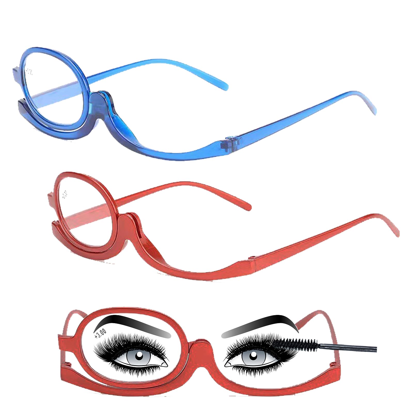 Fkizanthene Unisex Red And Blue 2Pcs Makeup Glasses, Flip-Up Magnifying Lenses For Precise Eye Makeup, Red +3.50 & Blue +2.50​