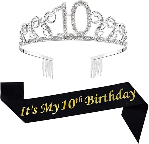 Suministros para fiesta de cumpleaños número 10, tiara de cumpleaños con diamantes de imitación de cristal y banda de satén con purpurina negra,