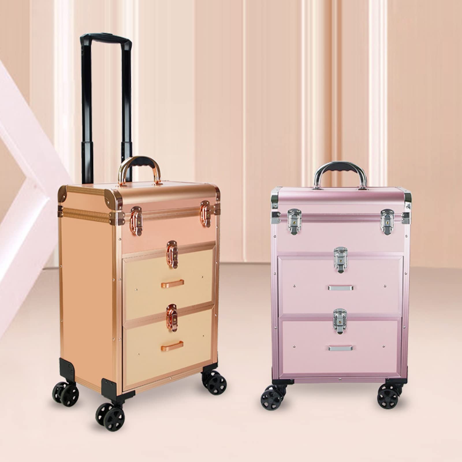 Aluminium-Make-up-Koffer, Beauty-Make-up-Zug-Koffer, Reise-Trolley, Kosmetiktasche, rollender Organizer, Kosmetikbox, rollender Make-up-Koffer, Reise-Zug-Koffer mit Rollen, Kosmetik-Trolley,