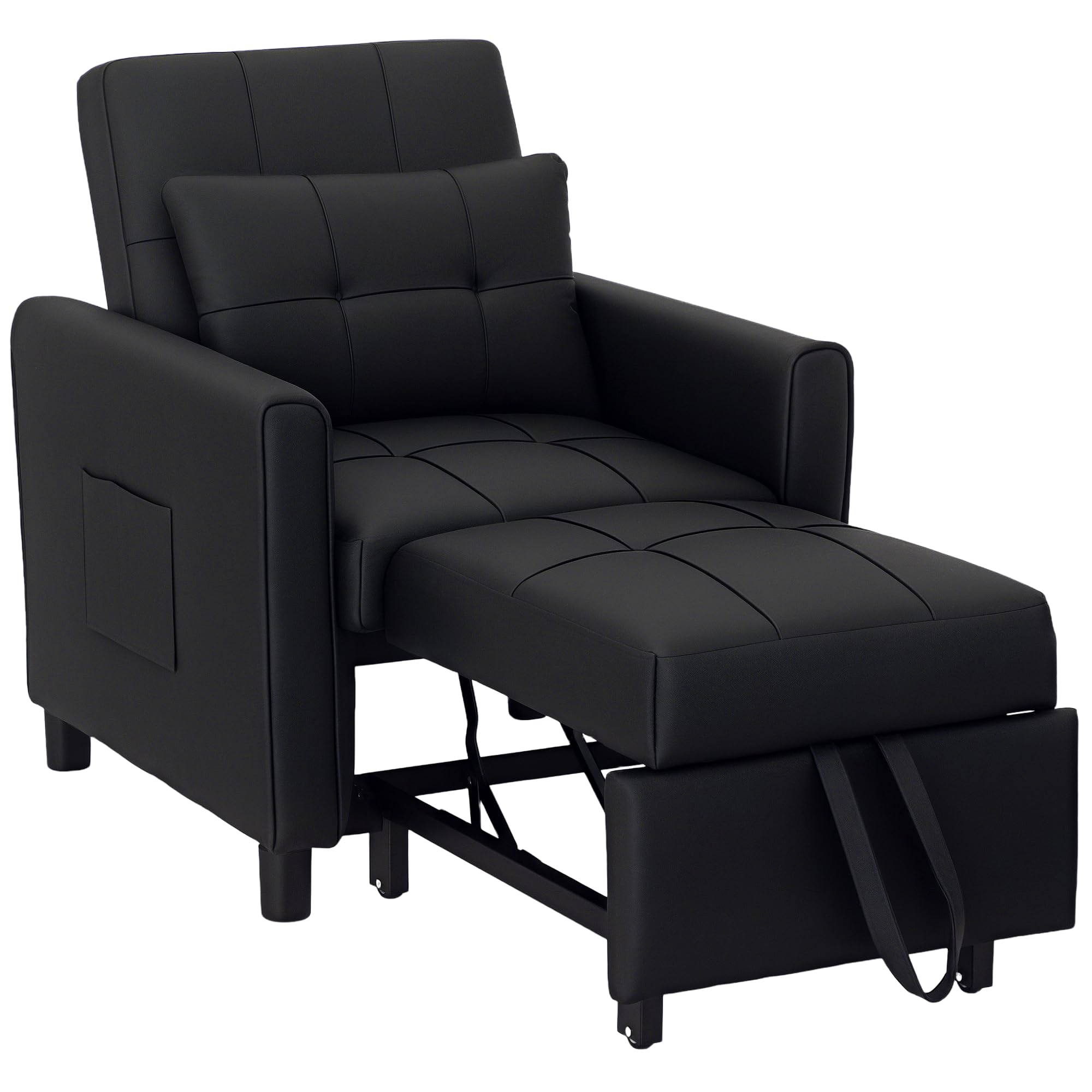 Homcom Black Folding Chair Bed, Sleeper Chair With Pillow, Side Pockets,