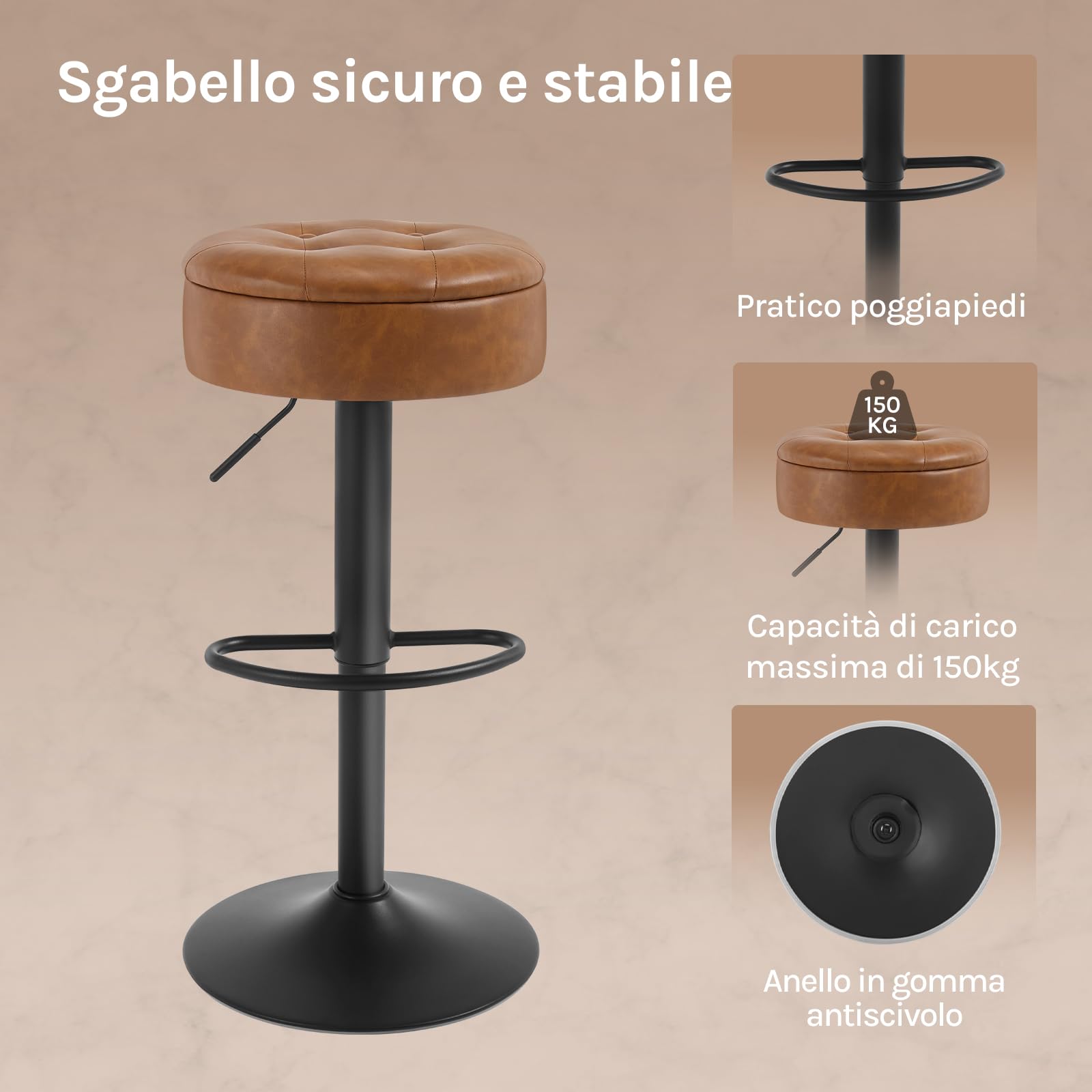 WOLTU Set di 2 Sgabelli Cucina, Sgabelli da Bar Alti con Spazio Contenitivo, Sedia Regolabili in Altezza e Girevoli a 360°, per Cucina Sala da Pranzo Bar Bancone, Pelle Sintetica, Metallo, Marrone