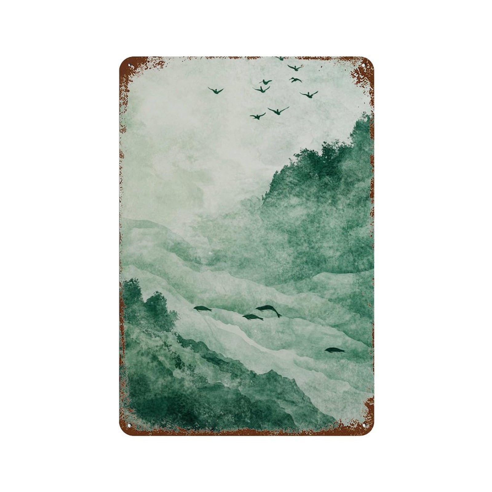 xiaoxiaoshen Green Mountain Landscape Minimal Nature Calm Watercolor Asian Inspired Wall Decor Art Metal Tin Poster Modern Home Decor Art Home Bar Shop Decorations Vintage Sign 30x20cm