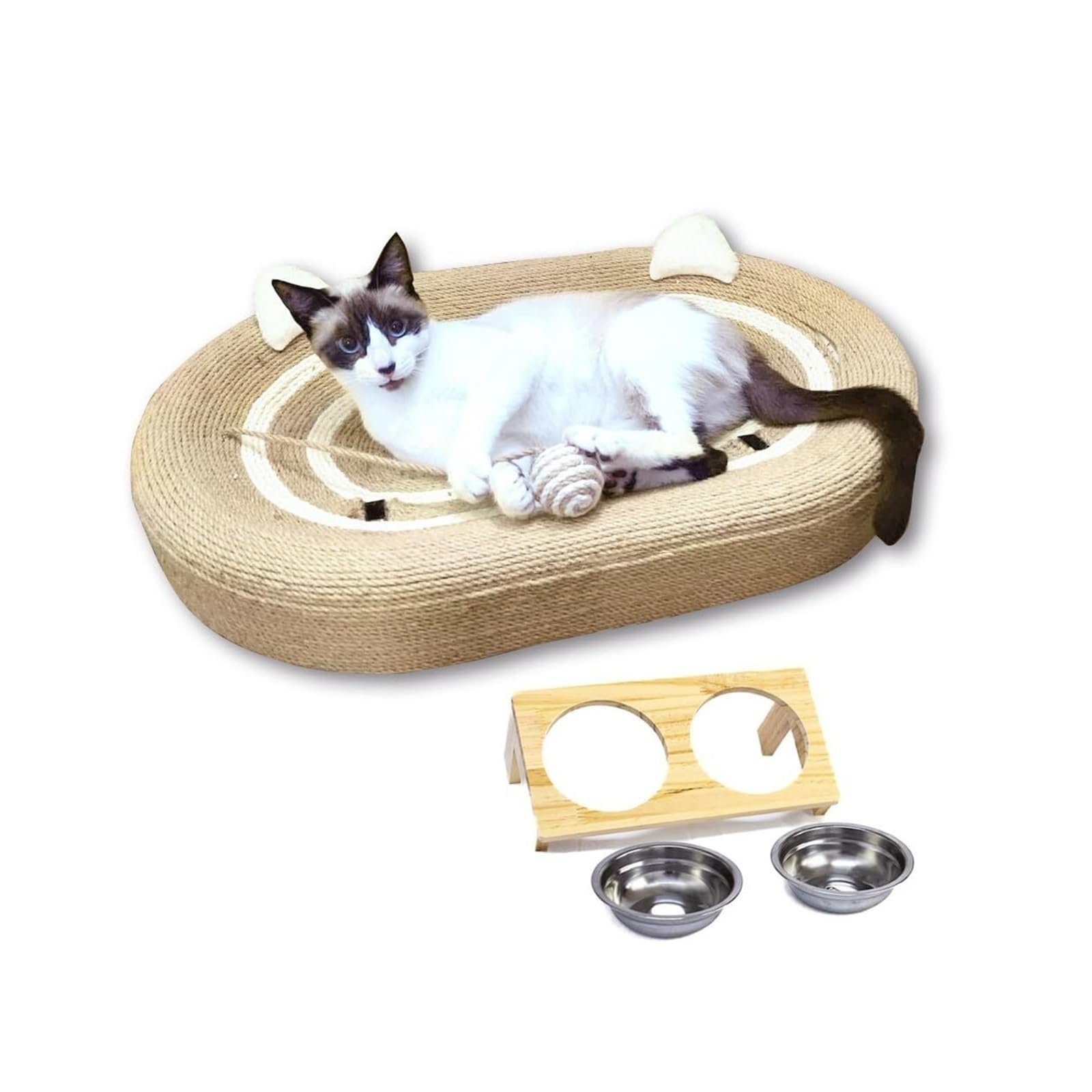 Double gamelle surélevée avec lit griffoir 4 en 1 en sisal pour chat d'intérieur