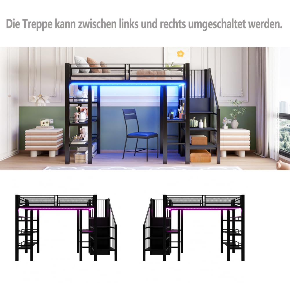 Cama alta de 90 x 200 cm con tira luminosa LED y toma de corriente, cama de hierro forjado con compartimento de almacenamiento y librería, cama individual de metal multifuncional, sin colchón