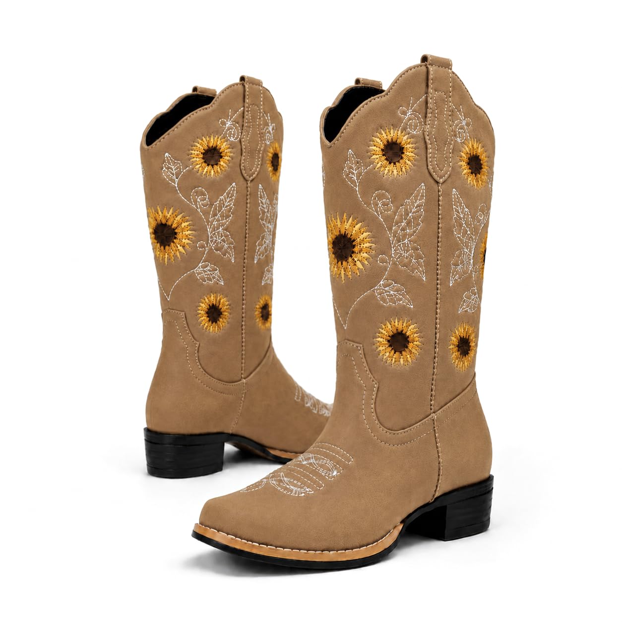 Women's Sunflower Cowboy Boots Cowgirl Square Toe Mid Calf Low Heel