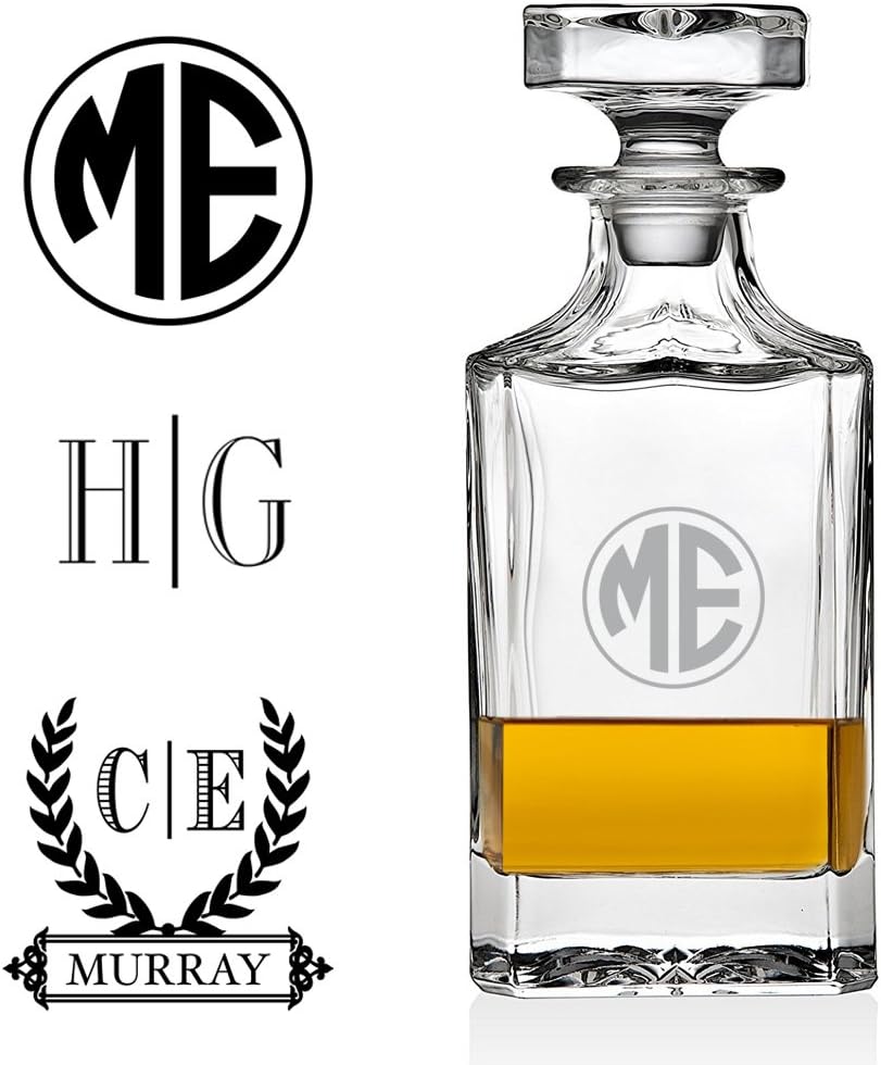 Engraved Monogram Personalized Custom Whiskey Decanter for Liquor Scotch Bourbon or Wine, Non Leaded Crystal - 750ml