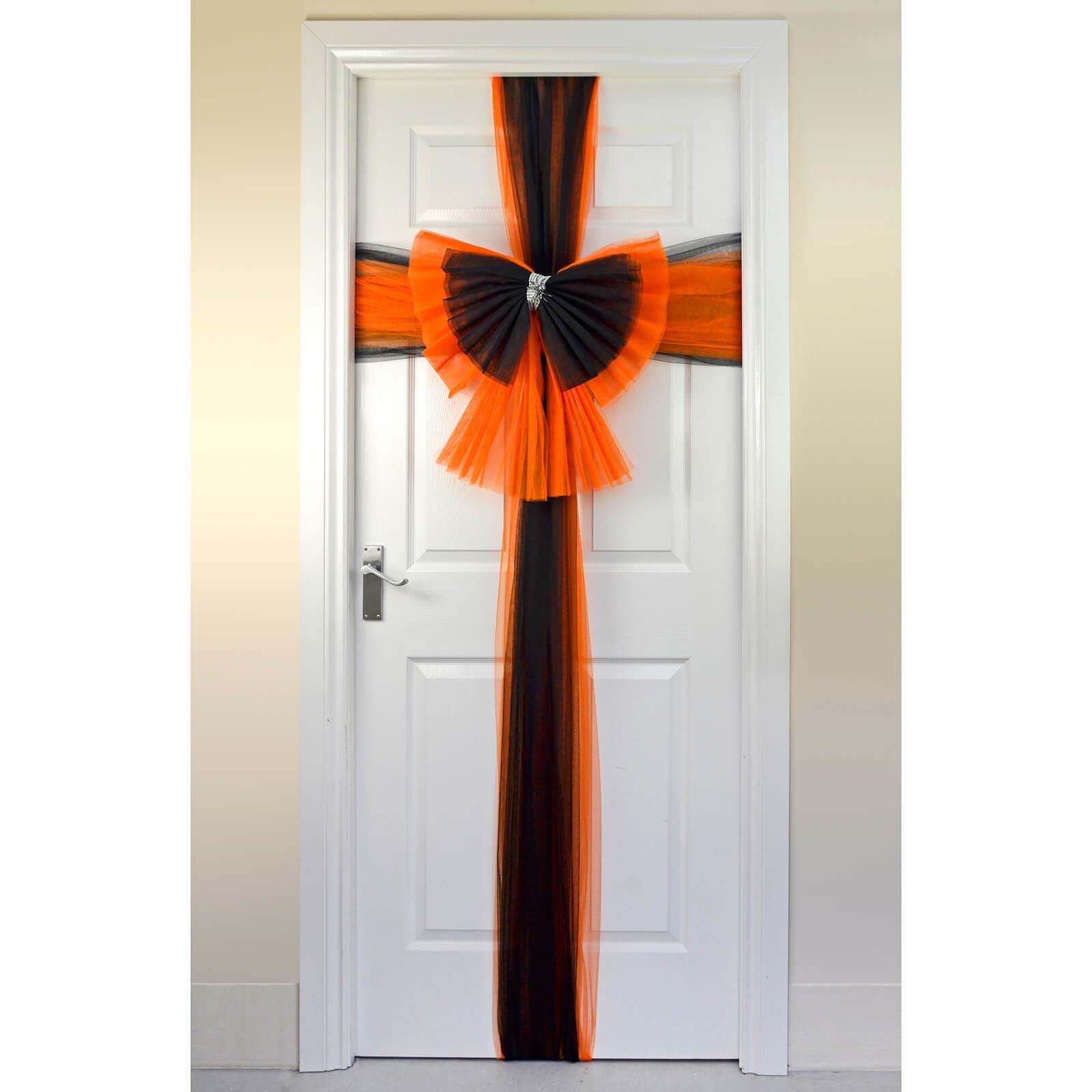 Cackle & Co Halloween Door Bow Orange Black Net Tulle Spider Pin Diamante Knot