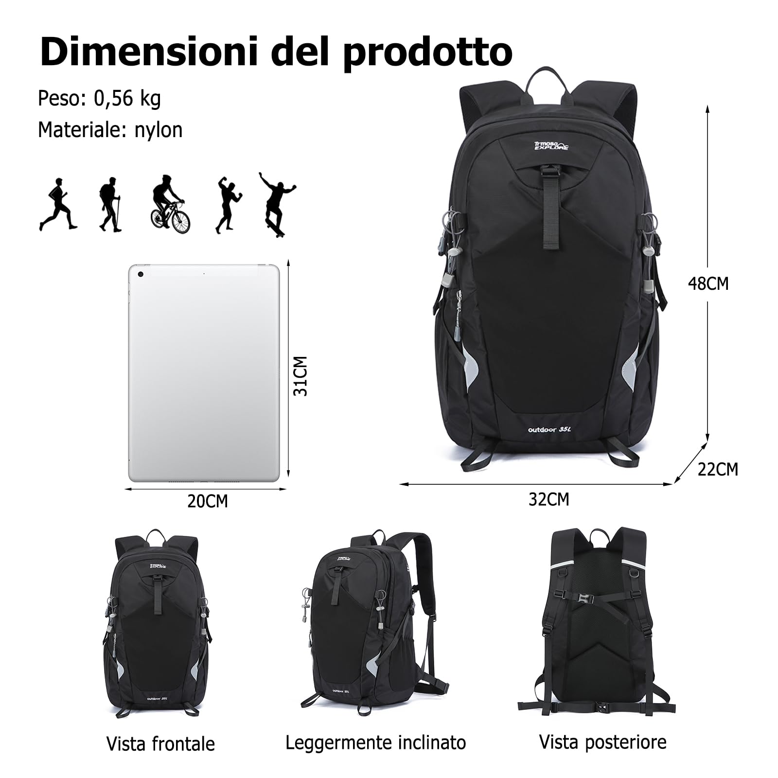 35L Zaino da Trekking Zaino Impermeabile Grande Zaini Leggero con Striscia Riflettente Hiking Nylon Backpack per Donna Uomo Campeggio Arrampicata Viaggio Sport Nero