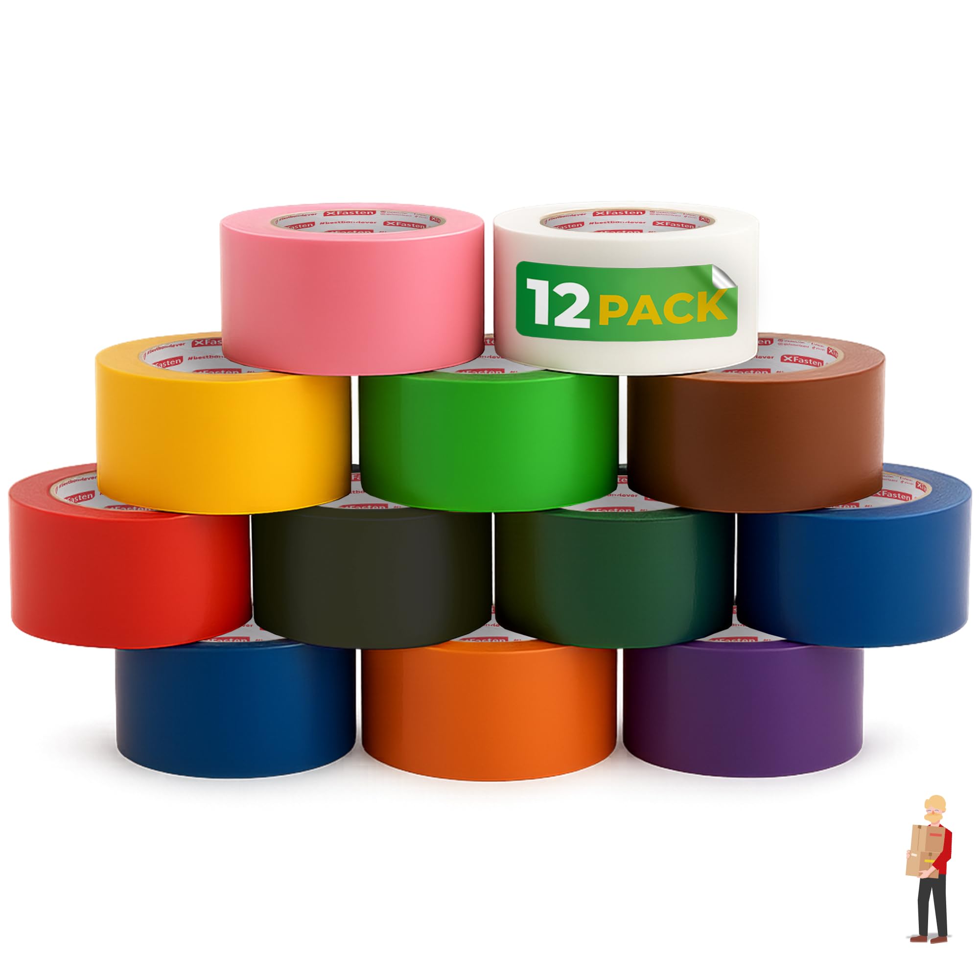 XFasten Rainbow Colored Duct Tape Heavy Duty 12-Pack 10 Yards x 2 Inch, Colored Duct Tape Variety Pack Bulk, Waterproof, Vibrant Colors, Easy Tear,