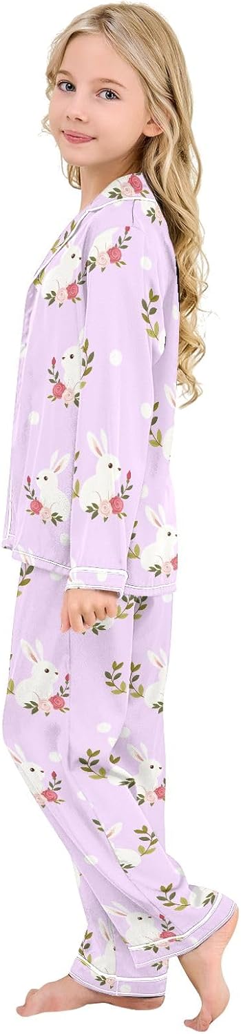 Kids Casual Satin Wear Set Rabbit Flower Dots Pattern Unisex Relaxed Fit Clothing