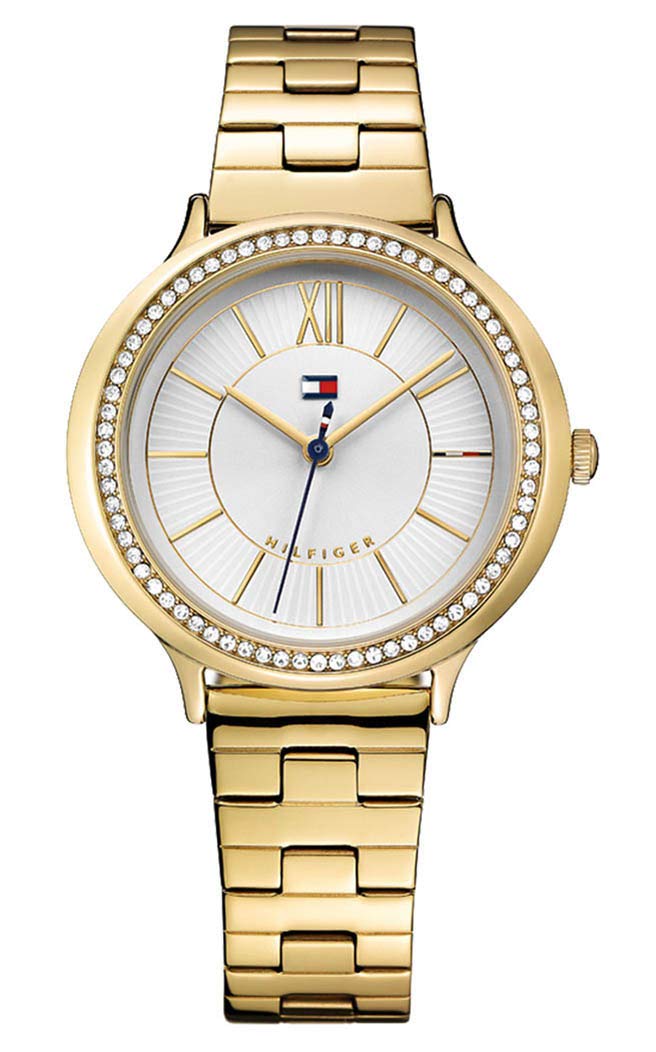 Tommy Hilfiger CANDICE WOMENS WHITE DIAL IONIC PLATED THIN GOLD STEEL & CRYSTALS Watch - 1781856