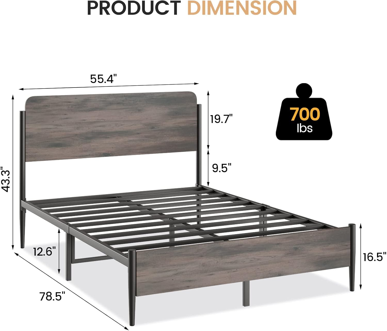 Diagram illustrating the dimensions of the IDEALHOUSE Full Bed Frame, including length, width, height, and under-bed clearance, along with its 700 lbs weight capacity.