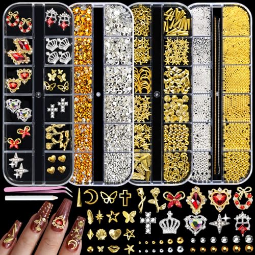 TsMADDTs Nail Charms and Gems Kit 4 Boxes Gold Nail Charms Gems Flat Black Rhinestones and Beads with Manicure Tools 3D Cross Charm Professional Art Design Tool for DIY Manicure at Home Salon
