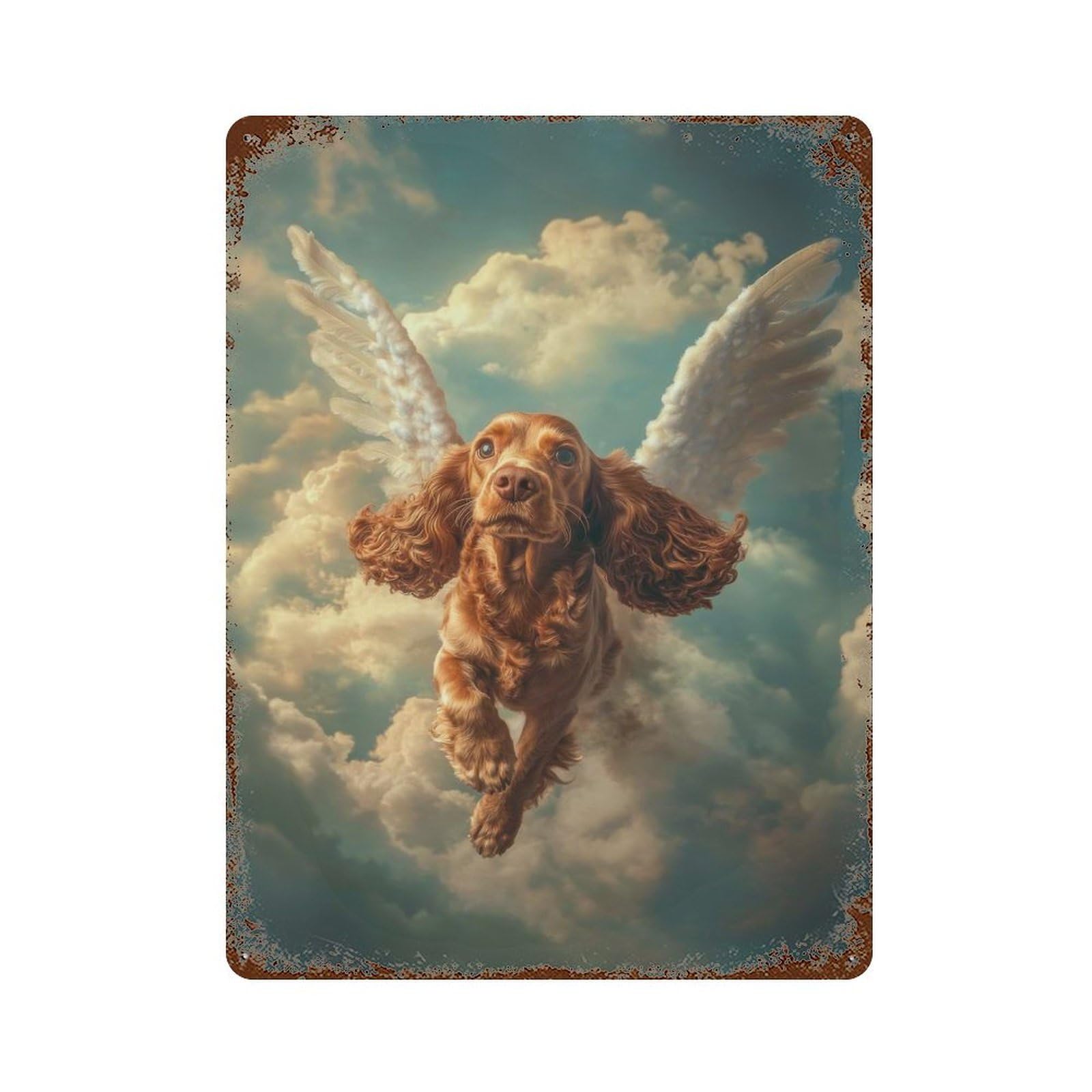 Cocker Spaniel with Angel Wings Heavenly Dog Tribute 15.7"x11.8" Rusty Metal Tin Sign, Novelty Wall Decor for Cafe, Home Bar And Lounge Decor