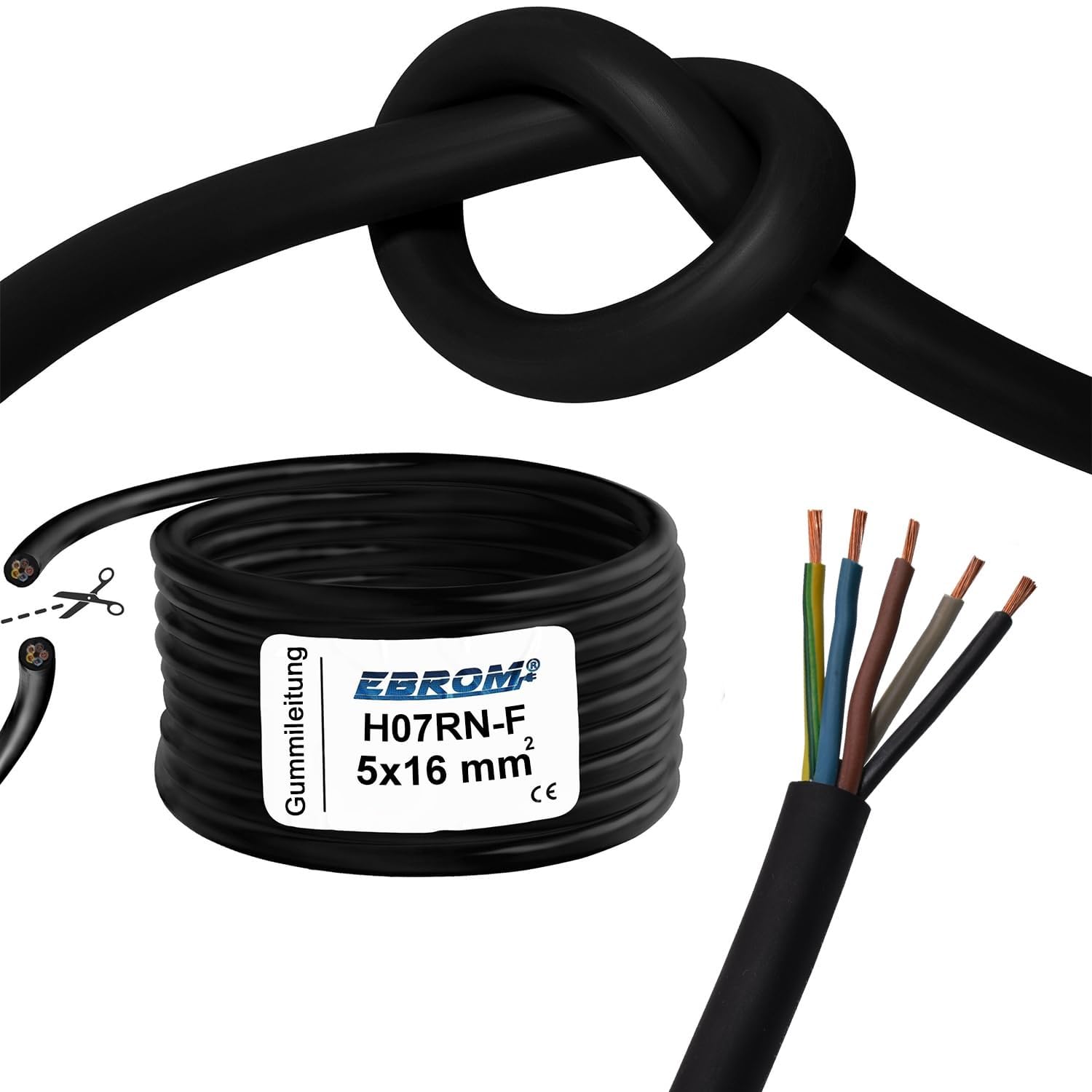 Elastyczny przewód gumowy H07RN-F 5 x 16 mm² czarny do stacji ładującej na ścianie, gniazdo ładowarki do samochodu elektrycznego, przyłącze do stacji ładującej, 5 x 16 mm² z dokładnością do metra, w