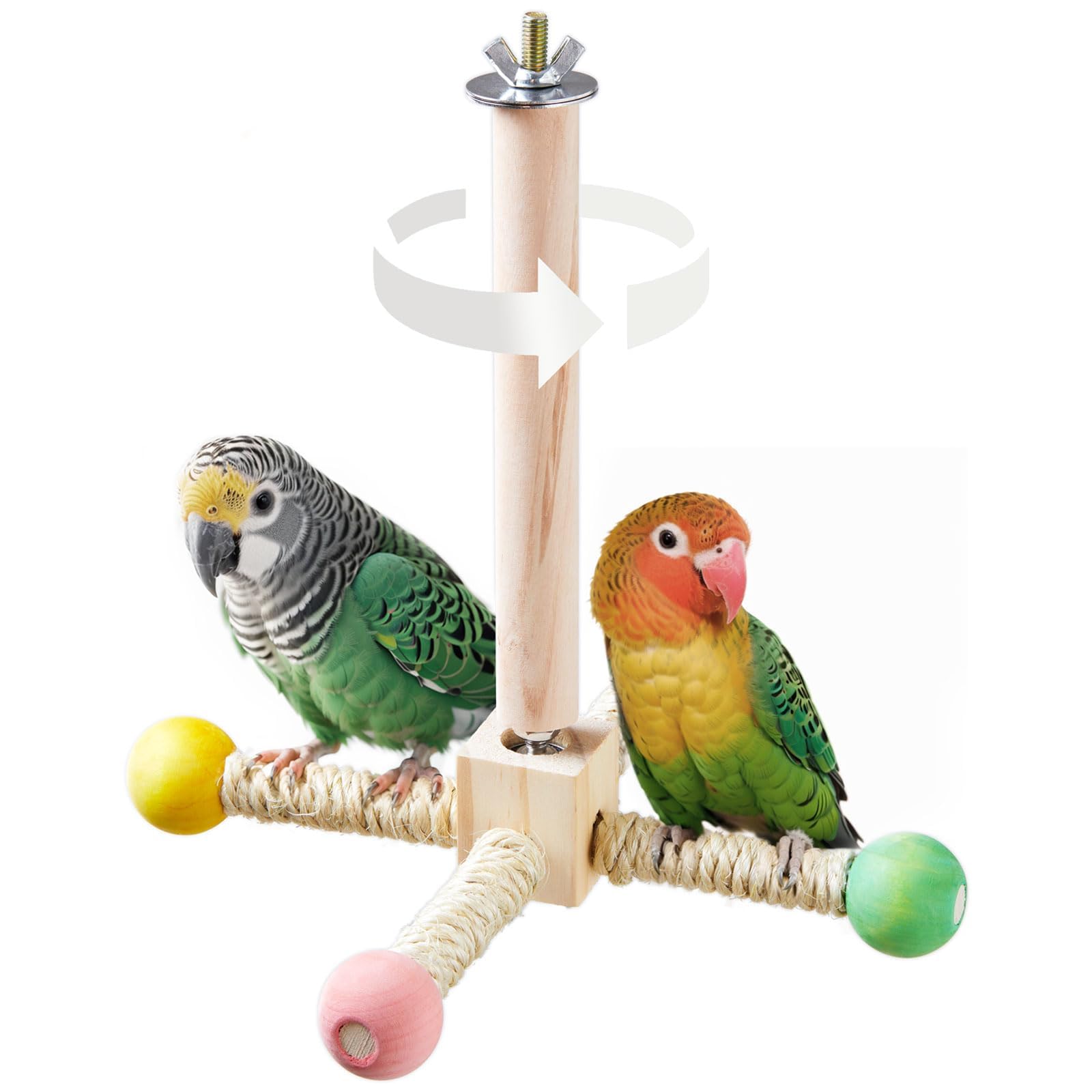 Bird Stand Perch Toy, Interactive Spinning Parakeet Toys, Wooden Exercise Wheel Parrot Toy, Enrichment Cockatiel Toy for Birds Cage, Bird Cage Accessories Perch Toys for Budgies (S)