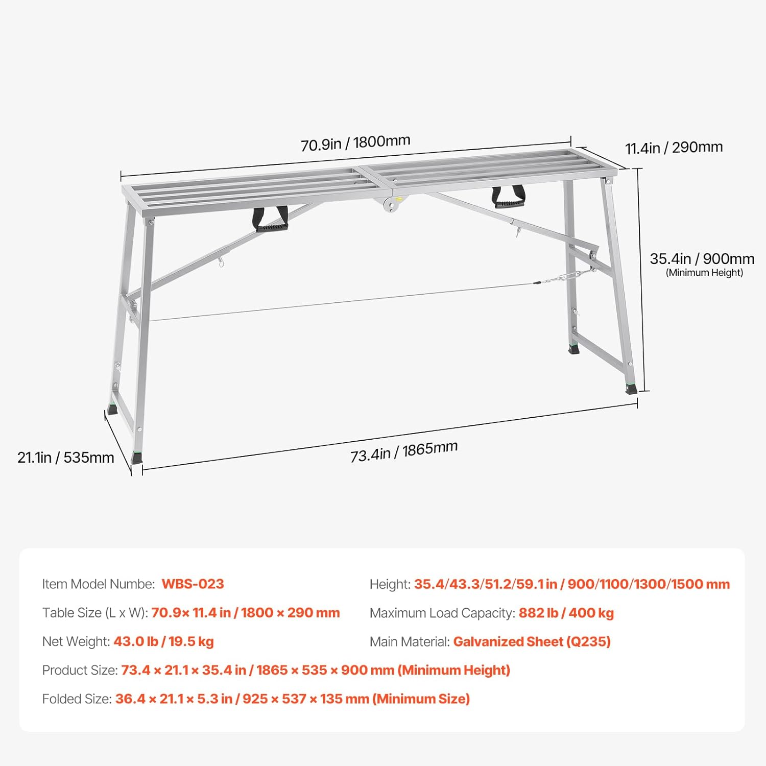VEVOR Work Platform, 71"x 15" Portable Scaffolding Platform, Folding Steel Step Ladder Adjustable Height 35.4”-59.1”, 800 lbs Load Capacity, Non-Slip Drywall Painting Stool for Cleaning &Washing