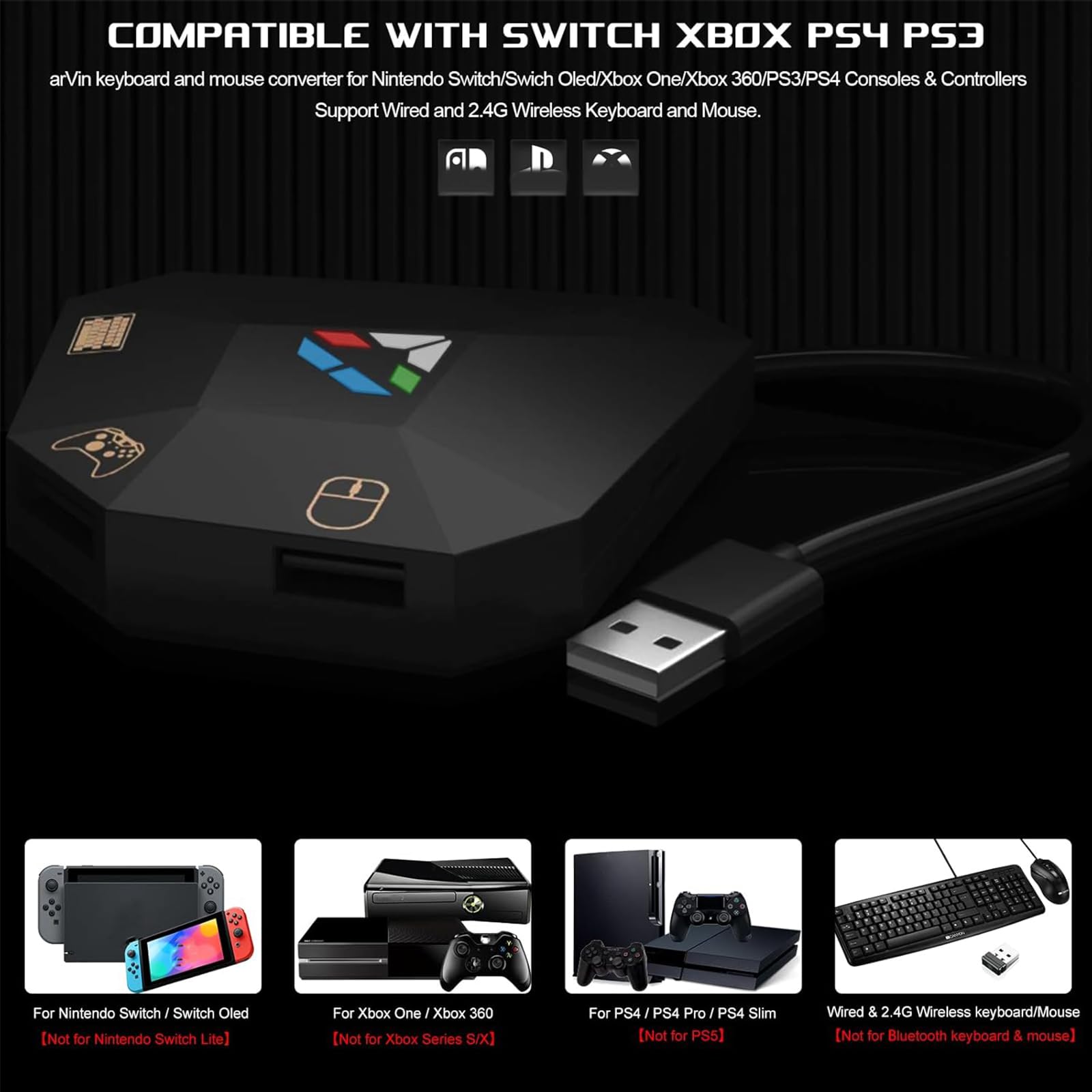 arVin Adaptateur clavier et souris pour Nintendo Switch, convertisseur clavier et souris filaire pour PS4/PS3/Xbox One/Xbox 360 Console, adaptateur supportant le mappage personnalisé