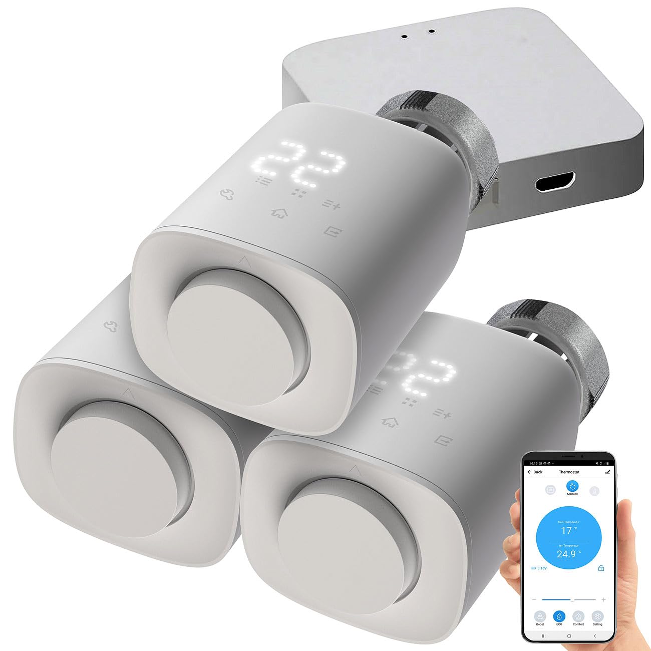 revolt Heizungsthermostat WLAN: 3er-Set programmierbare Heizkörper-Thermostate mit WLAN-Gateway & App (Heizkörperthermostat, Smarte Thermostate, Frost)