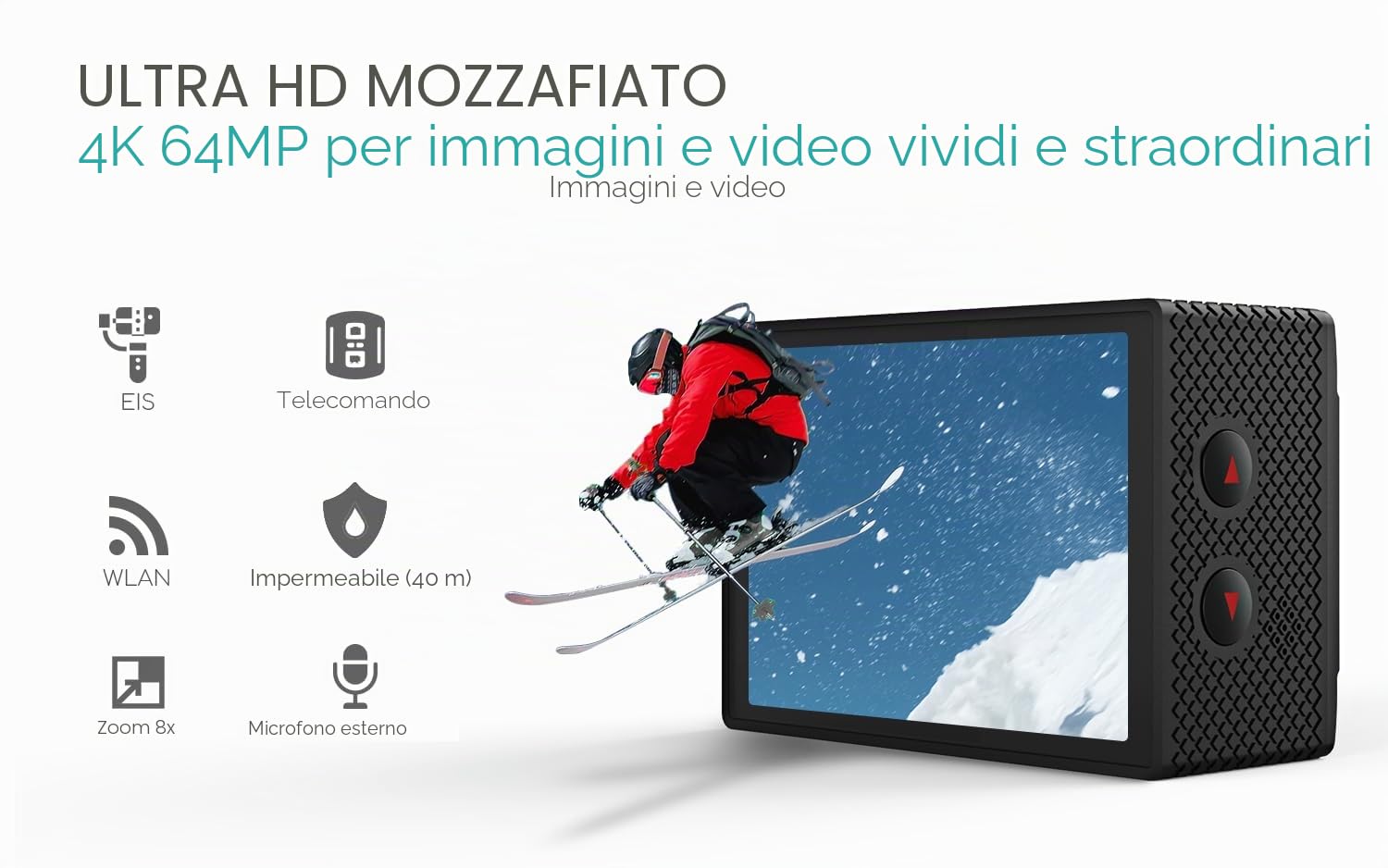 COOAU Action Cam 4K60 fps 64MP WiFi touch screen con microfono esterno, fotocamera subacquea 40 m Type-C EIS stabilizzazione 170° Action Camera 2 x 1350 mAh batterie/accessori