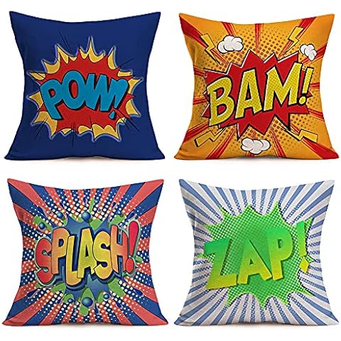 Qinqingo Super Hero Quote Pillow Covers Set of 4 Pow/Bam/Splash/Zap with Exclamation Pattern Art Comic Design Decorative Throw Pillow Covers Cushion Case for Sofa Couch (Comic, 16" x 16") Cover