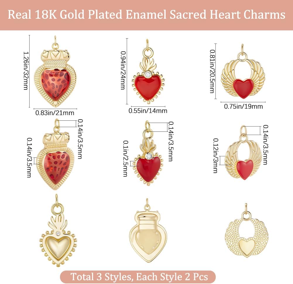 Beebeecraft 6Pcs 3 Styles Scared Heart Charms 18K Gold Plated Enamel Red Holy Mexican Gothic Heart Love Charm for Jewelry Making DIY Crafts