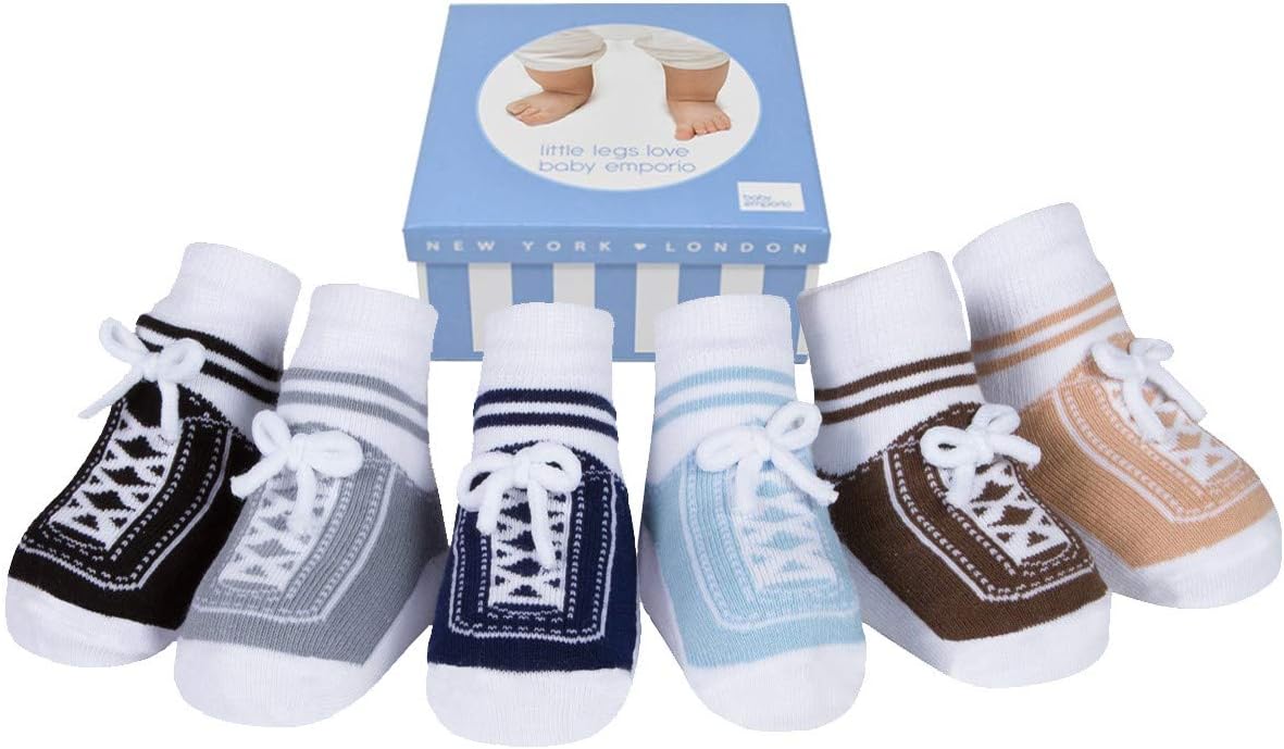 Baby Boy Socks with Sneaker Shoe Look-Non-slip Gripper Soles-3 or 6 Pairs-Cotton-Gift Packaged-Baby Shower-Faux Shoelaces