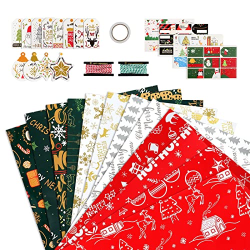 Moncolis Geschenkpapier Weihnachten Set 12 Blatt Weihnachtsgeschenkpapier 70x50CM Recycling Verpackungspapier mit Etiketten Aufkleber Baumwollschnur und Doppelseitiges Klebeband Weihnachtspapier Cover
