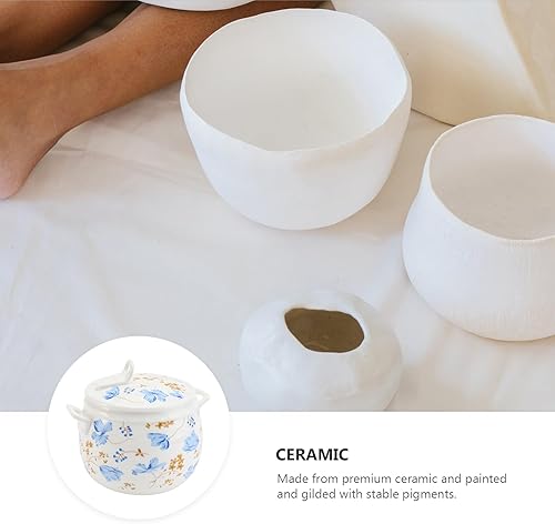 Miniatura 7 de Hemoton Olla de cerámica con tapa, pequeña olla de vapor con estampado de flores, olla de barro, cuenco de sopa de porcelana para fideos, olla