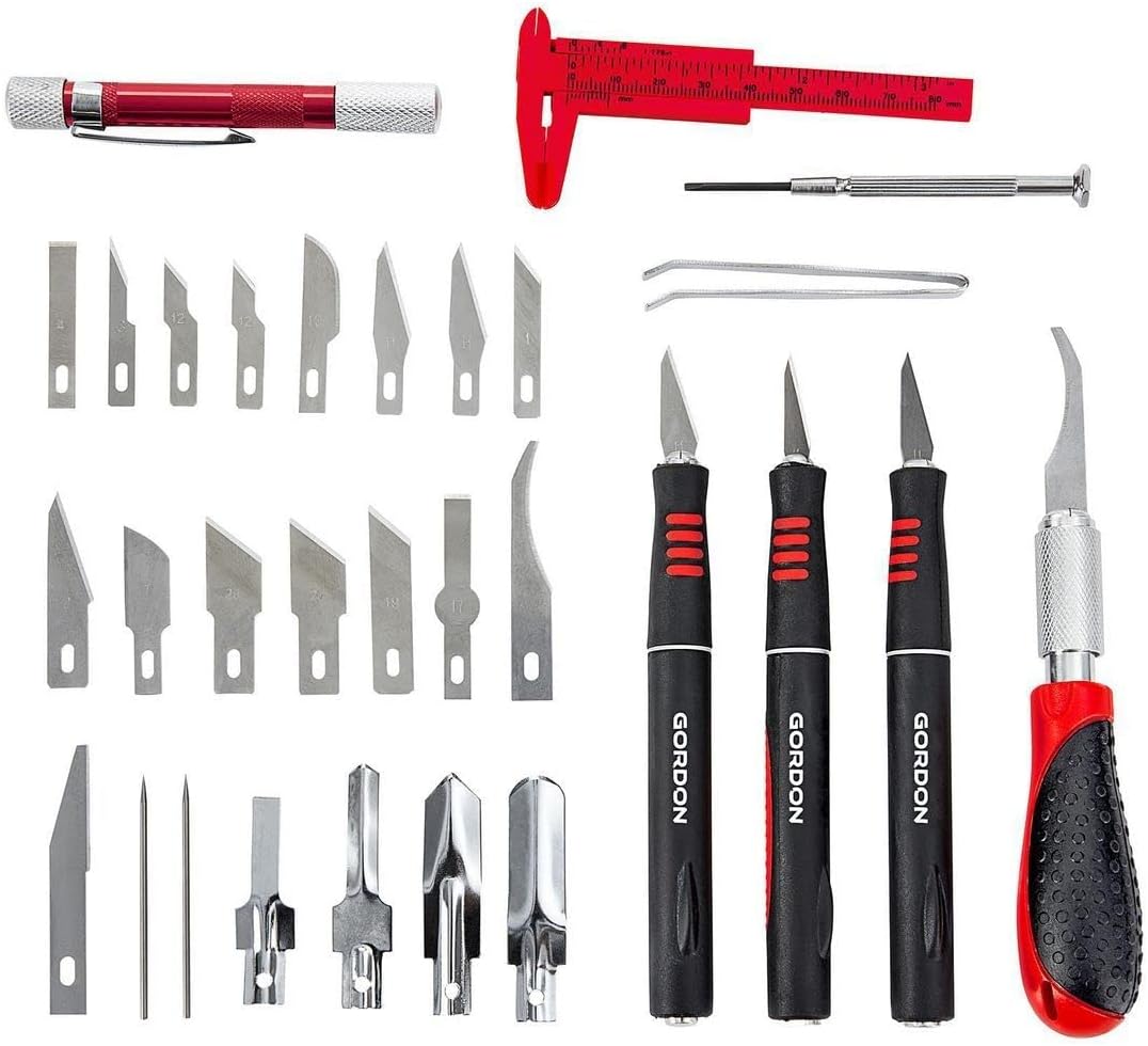 33 Piece Deluxe Hobby Knife Set with Carrying Case and tweezers, caliper, jeweler's precision screwdriver and pen-type aluminum precision screwdriver with 6 bits