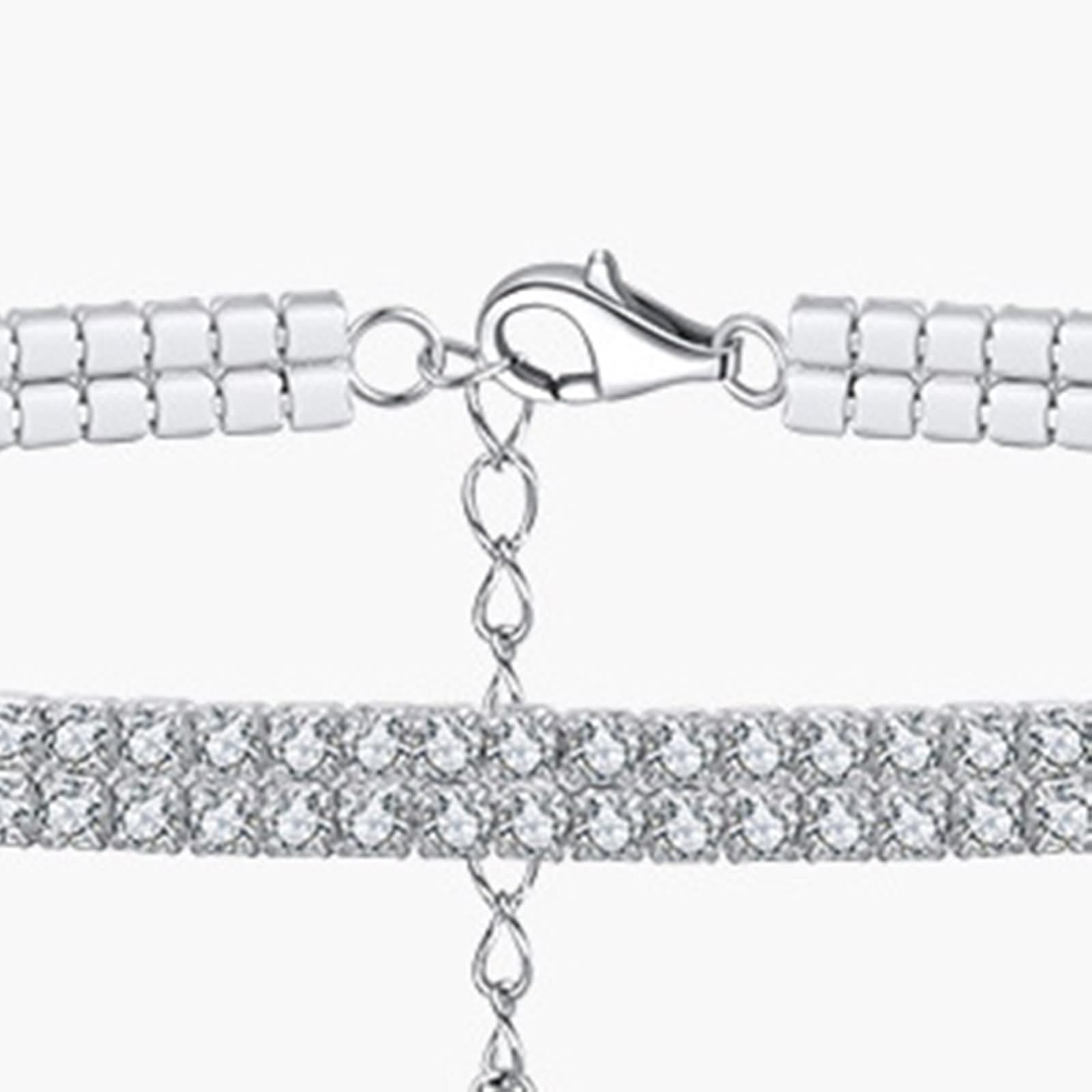 Tobillera de plata para mujer, tobillera de plata de ley 925, cadena de tenis de 2 capas, tobillera bohemia para mujer con circonita cúbica blanca redonda, Plata de ley, Circonita cúbica