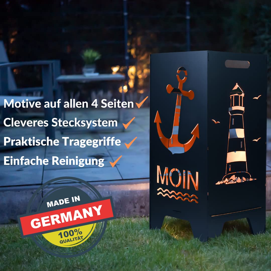 Feuertonne Mit Maritim Motiv | Stabiles Stecksystem Mit Tragegriffen | Besonders Robust & Aus Hochwertigem Stahl | Für Eine Knisternde Gemütlichkeit In Deinem Garten (78cm Moin)