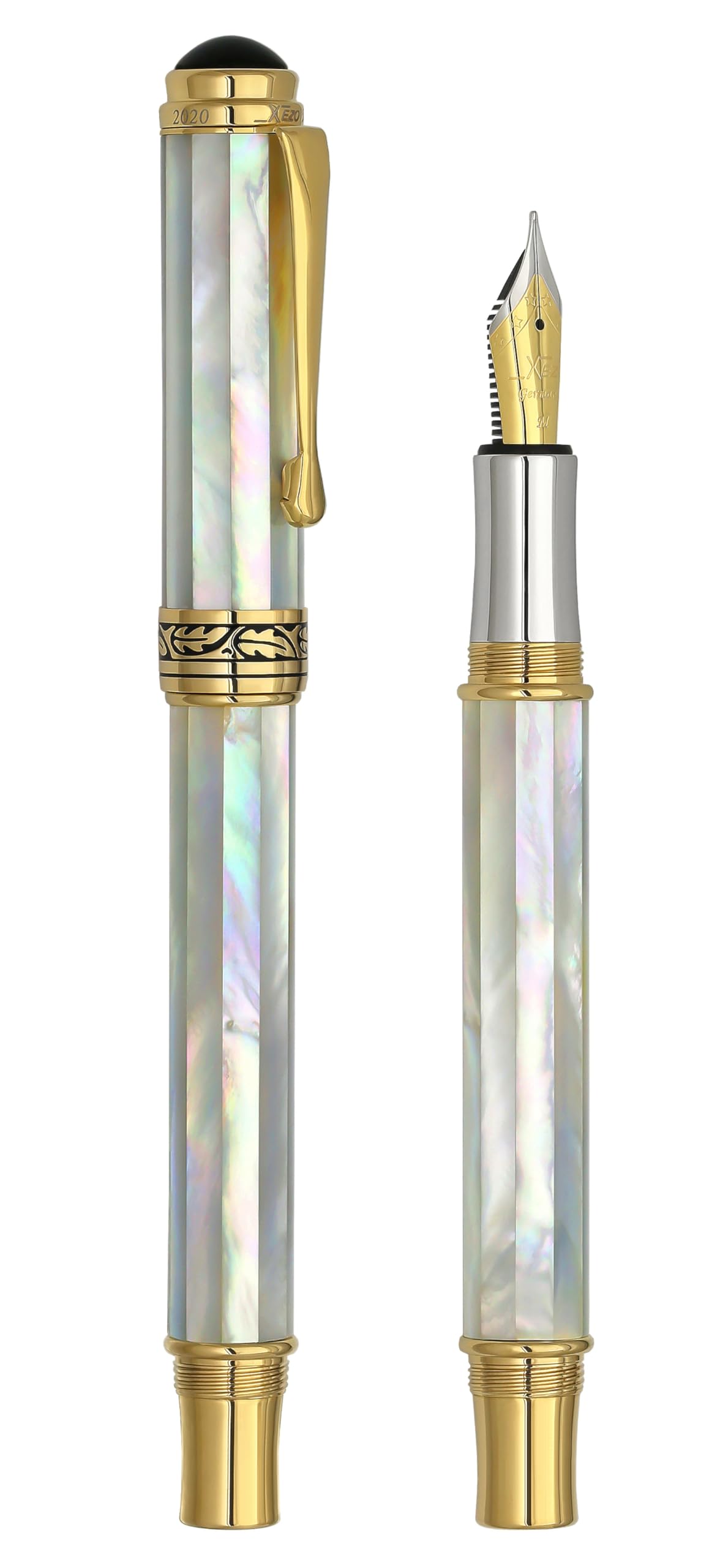 Xezo Pluma estilográfica Maestro Medium Nib, Oceanic Origin White Mother of Pearl con oro de 18 quilates y chapado en platino puro. Hecho a mano, edición limitada y serializada