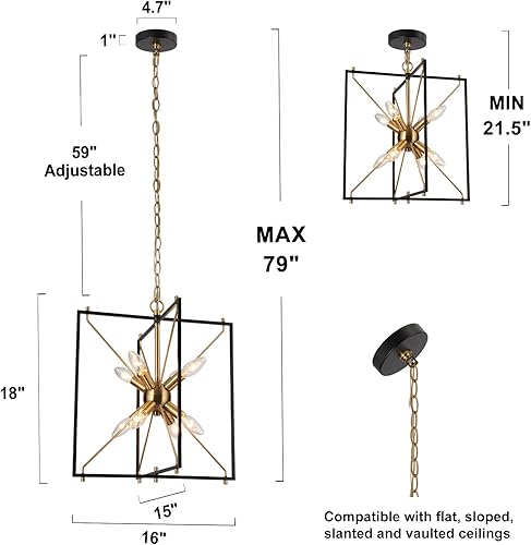 Miniatura 5 de Durent Lighting Lámpara de araña moderna, 8 luces negras y doradas, lámpara colgante Cube Sputnik para comedor y sala de estar, dormitorio, isla de