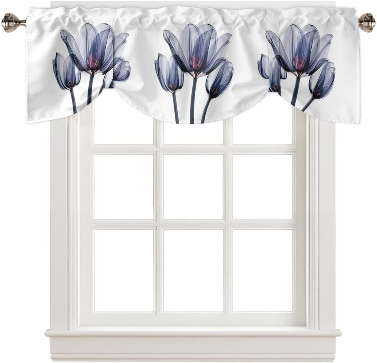 Blue Flower Tie Up Valance Curtains Kitchen Valance for Window, Abstract Tulip Photography of Transparent Rod Pocket Valances Windows Treatments Curtains for Living Room, Bedroom, 54" W x 18" L