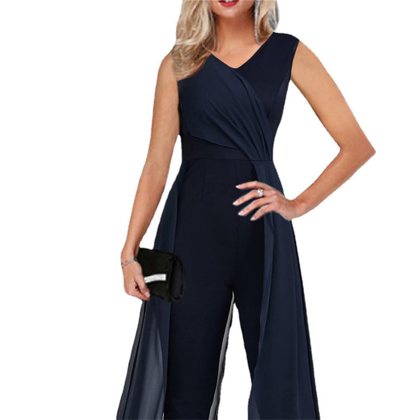 Damen Jumpsuit, Elegant Overall Sommer Hosenanzug, Lang Romper Einteiler Kostüm, Playsuit Outfit Frauen Komplett, Hohe Taille Ärmellos Hosenanzug Damen Festlich Hochzeit Casual Jumpsuit Damen Business