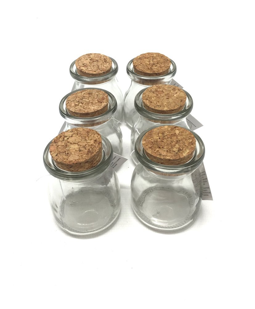 Sil Transparent Set Of 6 Small Glass Storage Jars Cork Lids. Crafts, Hobbies, Spices Etc