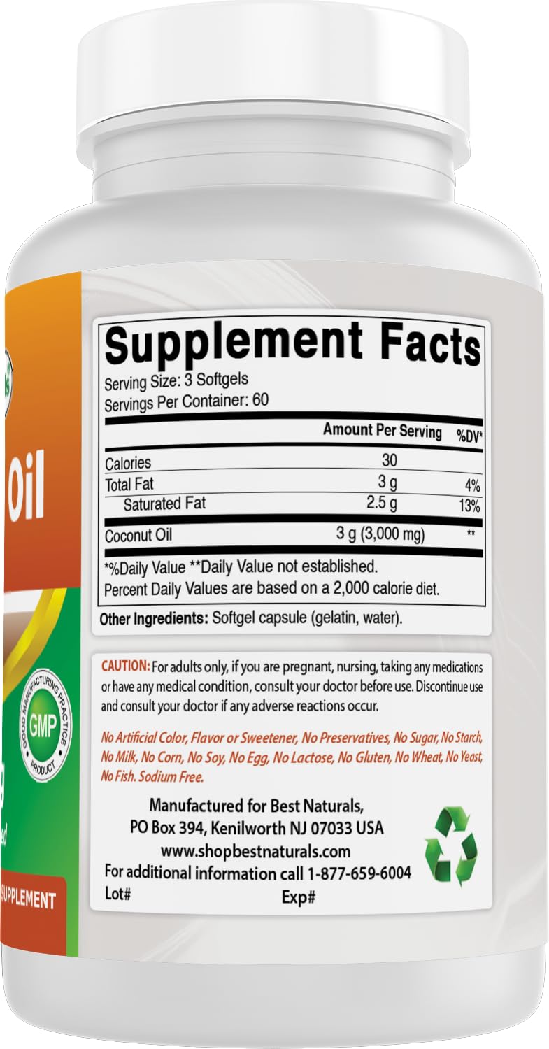 Best Naturals Extra Virgin Coconut Oil 1000 mg Softgel, 180 Count by Best Naturals